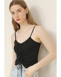 Drawstring Ruched Front Cami Top in Black