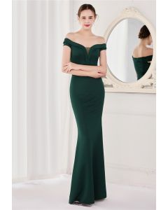 Off-Shoulder Mesh Inserted Satin Gown in Emerald