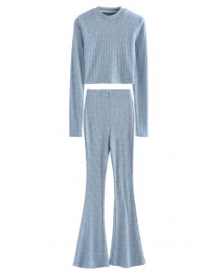 Trendy Soft Crop Top and Flare Pants Set in Blue