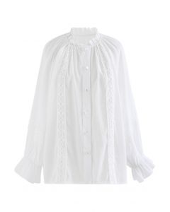 Crochet Trim Puff Sleeves Slouchy Shirt in White