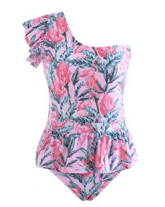 Flamingo One-Shoulder Ruffle Trim Swimsuit