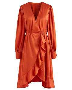 Asymmetric Ruffle Hem Wrap Satin Dress in Orange