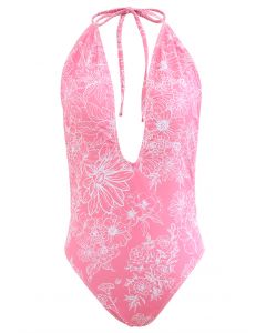 Floral Sketch Open Back Swimsuit in Pink