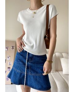 Crew Neck Short Sleeve Knit Top in White