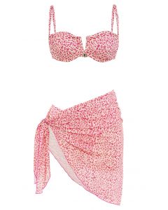 Leopard Print Bikini Set with Sarong in Pink