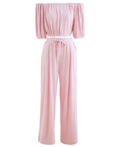 Off-Shoulder Crop Top and Pants Set in Pink