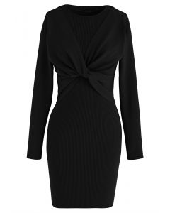 Twist Front Two-Piece Bodycon Knit Dress in Black