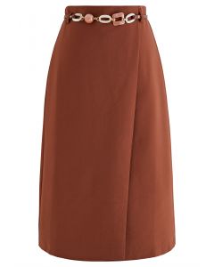 Flap Front Belted Midi Skirt in Rust Red