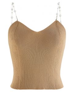 Cropped Knit Pearly Tank Top in Light Tan