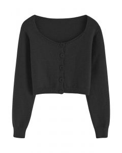 Buttoned Front Rib Crop Cardigan in Black