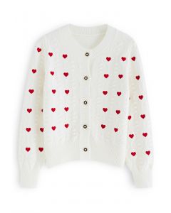 Hearts Embroidered Emboss Knit Buttoned Cardigan in White