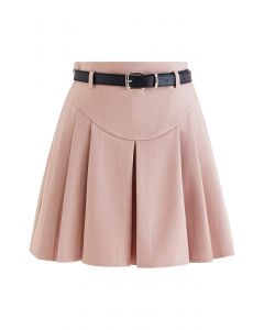 Seam Detailing Belted Pleated Mini Skirt in Pink