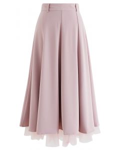 Mesh Spliced Hem Midi Skirt in Pink