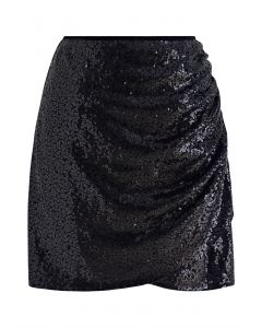Sparkle Sequin Side Ruched Mini Bud Skirt in Black