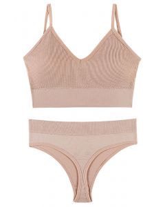 Plain Ribbed Lingerie Bra Top and Thong Set in Light Pink