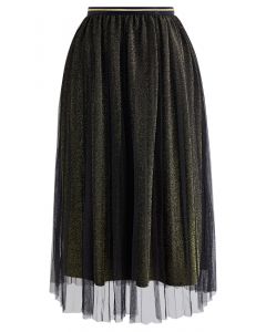 Glimmering Pleated Mesh Midi Skirt in Gold