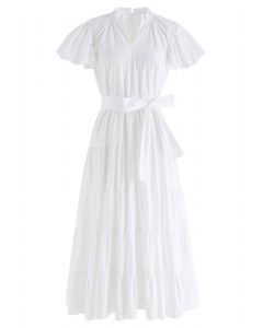 V-Neck Flutter Sleeve Ruffle Cotton Dress in White