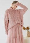 High Neck Hi-Lo Braided Chunky Knit Sweater in Pink
