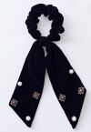 Velvet Bowknot Pearl Diamond Scrunchie in Black