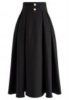 Pearl Heart Buttoned A-Line Midi Skirt in Black