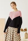 Two-Tone Boat Neck Batwing Sleeve Sweater in Pink