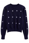 Star Embroidery Pointelle Knit Top in Navy