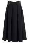 Button Embellished Waist Pleated Midi Skirt in Black