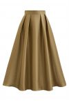Sleek Side Pockets Pleated A-Line Midi Skirt in Gold