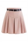 Seam Detailing Belted Pleated Mini Skirt in Pink