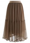 Fairy Plisse Mesh Tulle Midi Skirt in Brown