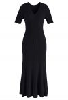 V-Neck Short Sleeve Ribbed Knit Dress in Black