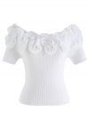 Ruffle Mesh Boat Neck Knit Top in White