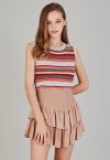 Tiered Ruffle Shirred Waist Mini Skirt in Tan
