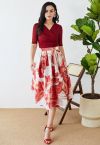 Artistic Floral Jacquard Organza Pleated Midi Skirt in Red