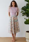 Pastel Mesh Flower Sequined Tulle Midi Skirt