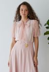 Bowknot Pearly Mesh Sleeve Spliced Satin Shirt in Pink