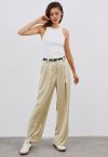 Satin Straight-Leg Pants with Faux Leather Belt in Champagne