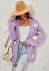3D Stitch Flower Open Front Knit Cardigan in Lilac