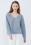 V-Neck Pointelle Knit Sweater in Dusty Blue