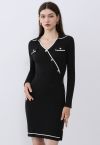 Collared Golden Button Decorated Ribbed Knit Dress in Black