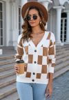 Check Pattern V-Neck Button Down Cardigan in Camel
