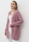 Batwing-Sleeve Pockets Waffle Knit Cardigan in Pink