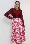 Vibrant Red Blossom Jacquard Pleated Midi Skirt
