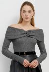 O-Ring Off-Shoulder Fitted Knit Top in Grey