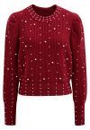Pearl Embellished Puff Sleeve Knit Sweater in Red