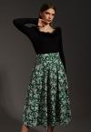 Whimsical Butterfly Belted A-Line Midi Skirt in Green