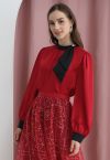 Contrast Ribbon Embellished Satin Top in Red