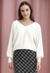 V-Neck Batwing Sleeves Pullover Knit Sweater in White