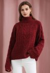 Turtleneck Sequin Cable Knit Sweater in Red