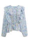 Floret Eyelet Embroidered Buttoned Dolly Top in Blue